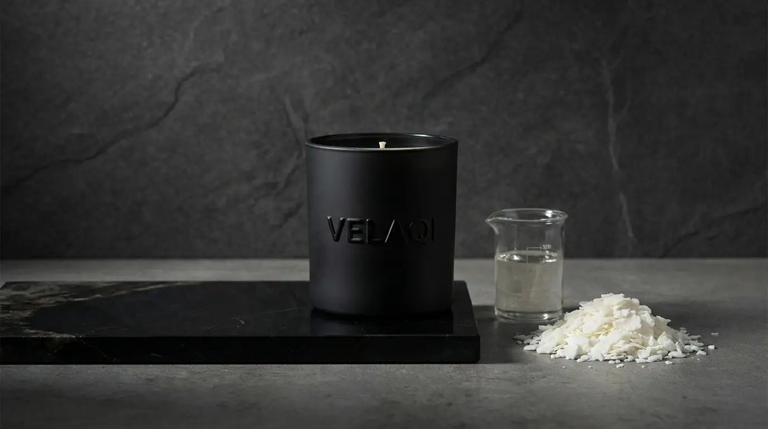 Premium handcrafted Velaqi soy candle with raw wax and fragrance oil for DIY scented candle making guide