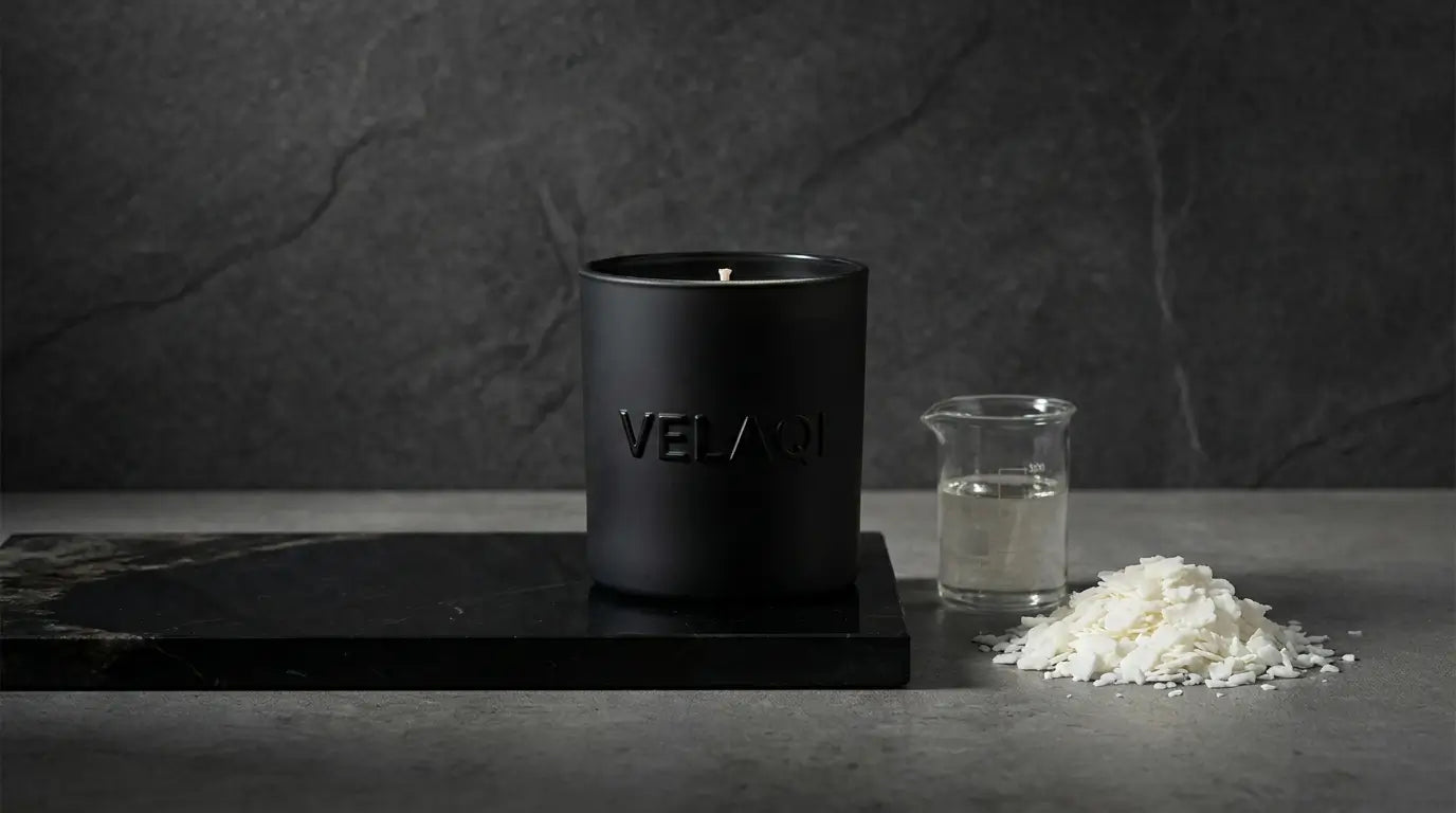 Premium handcrafted Velaqi soy candle with raw wax and fragrance oil for DIY scented candle making guide