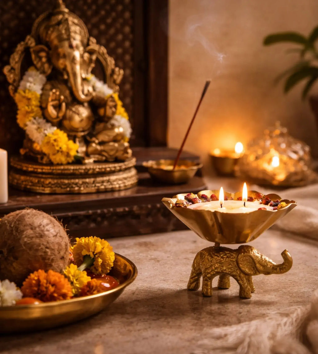 Golden Elephant Lotus Urli Candle
