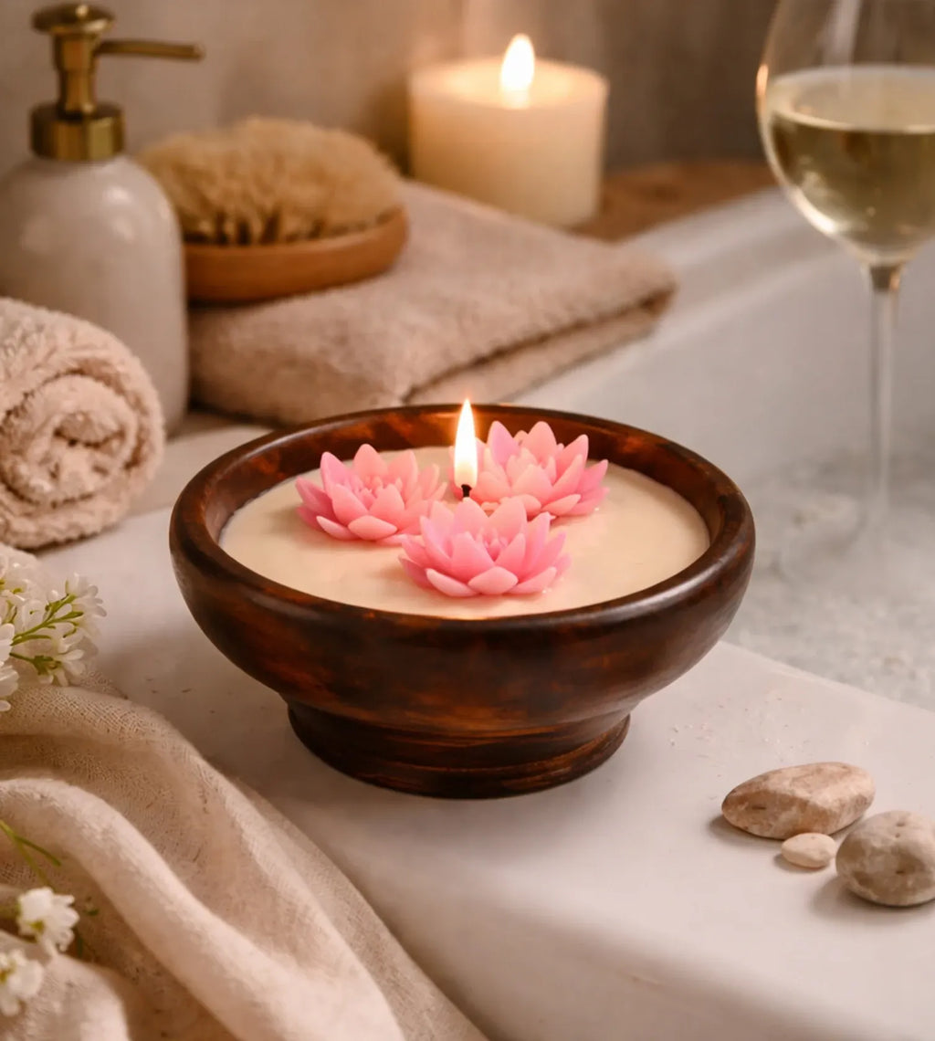 Wooden Bowl Floating Lotus Candle
