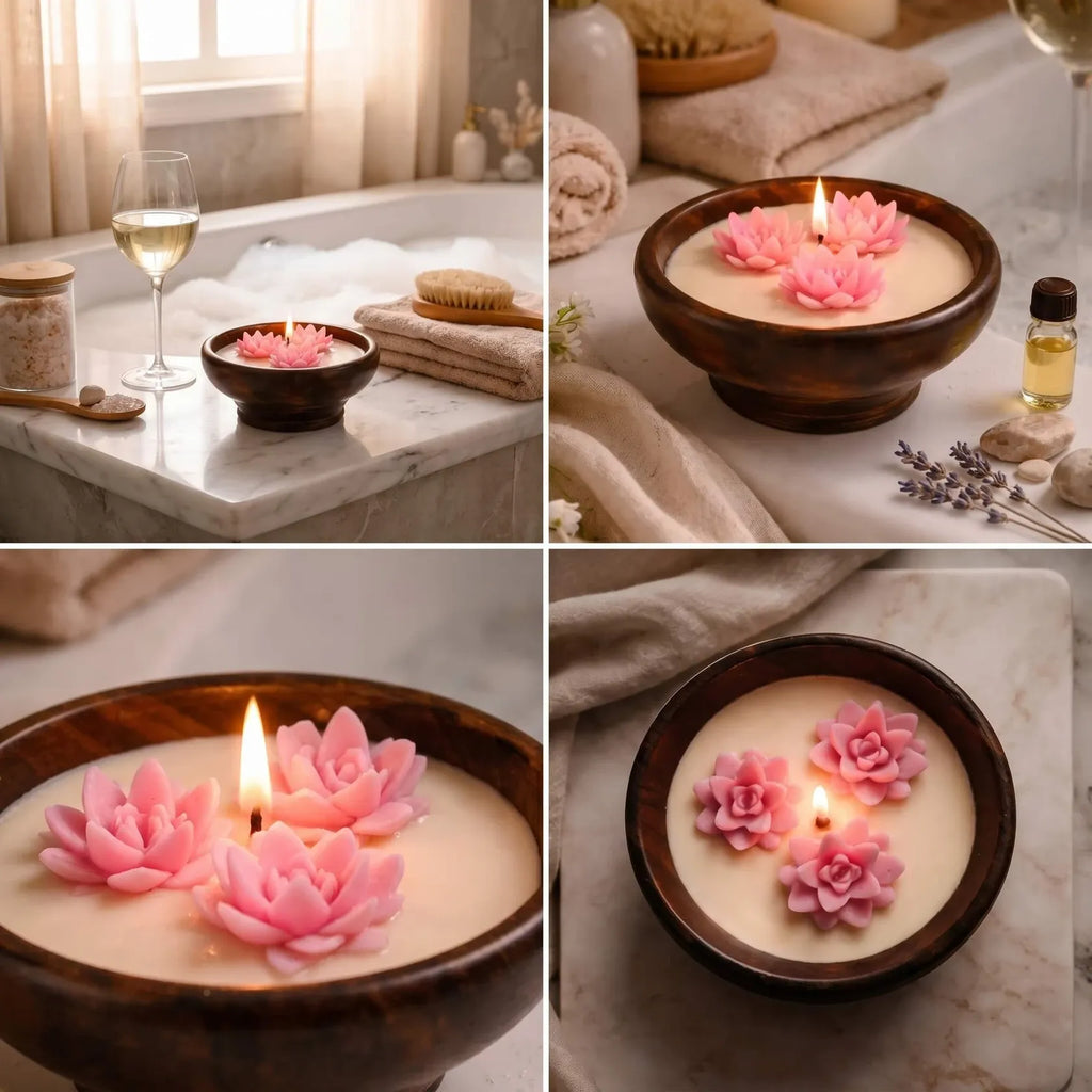 Wooden Bowl Floating Lotus Candle