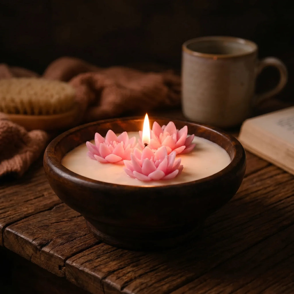 Wooden Bowl Floating Lotus Candle
