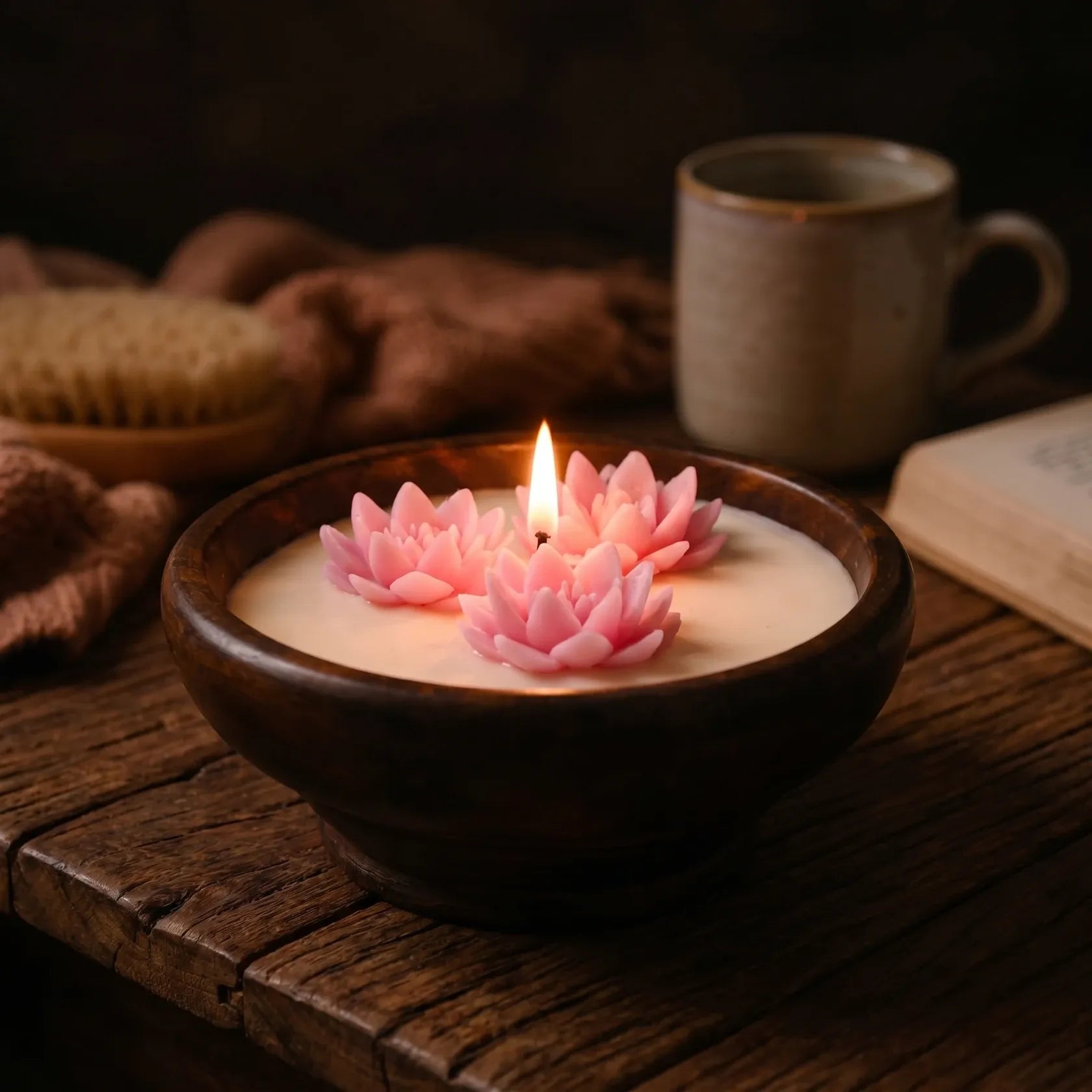 Wooden Bowl Floating Lotus Candle