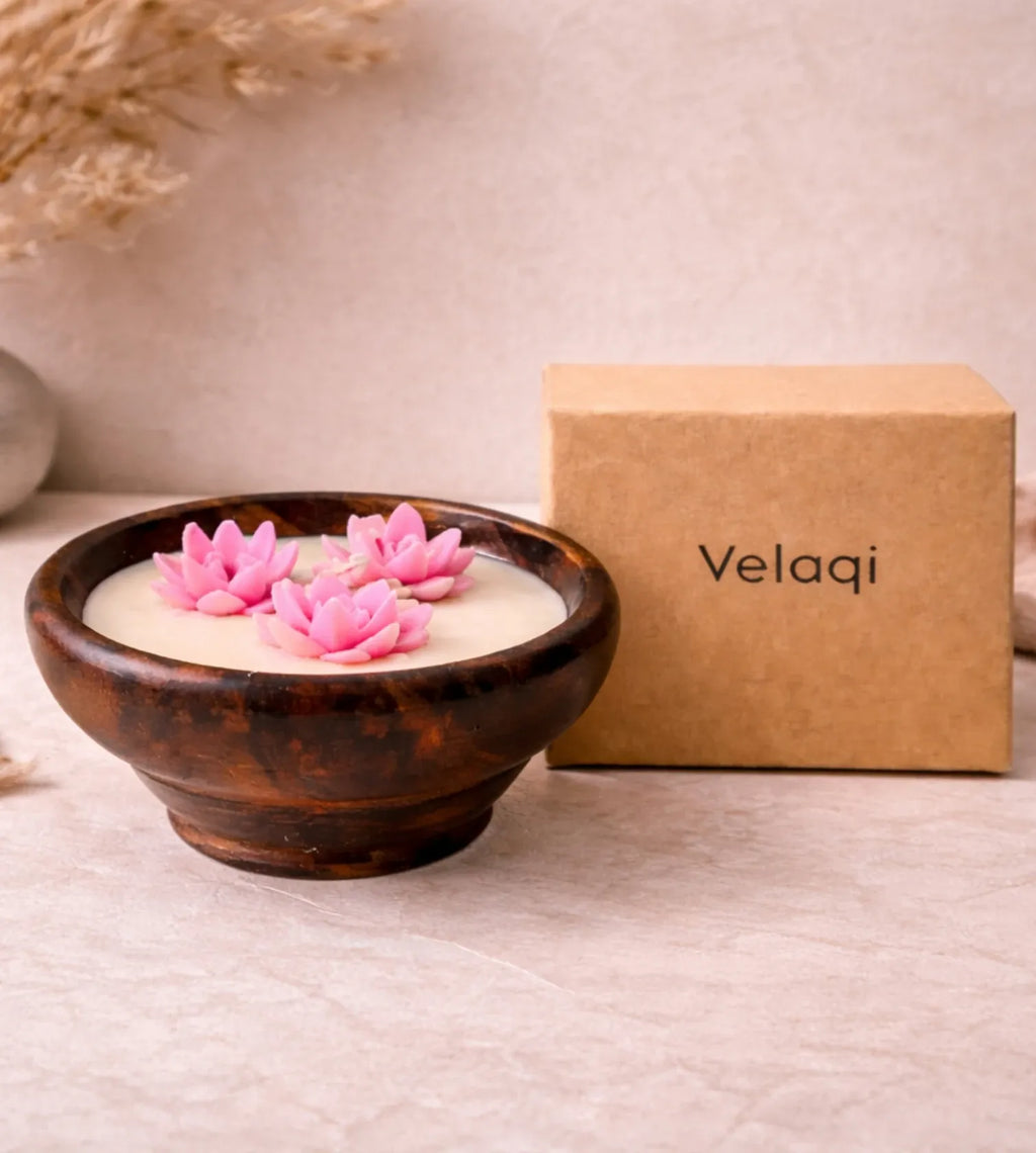 Wooden Bowl Floating Lotus Candle