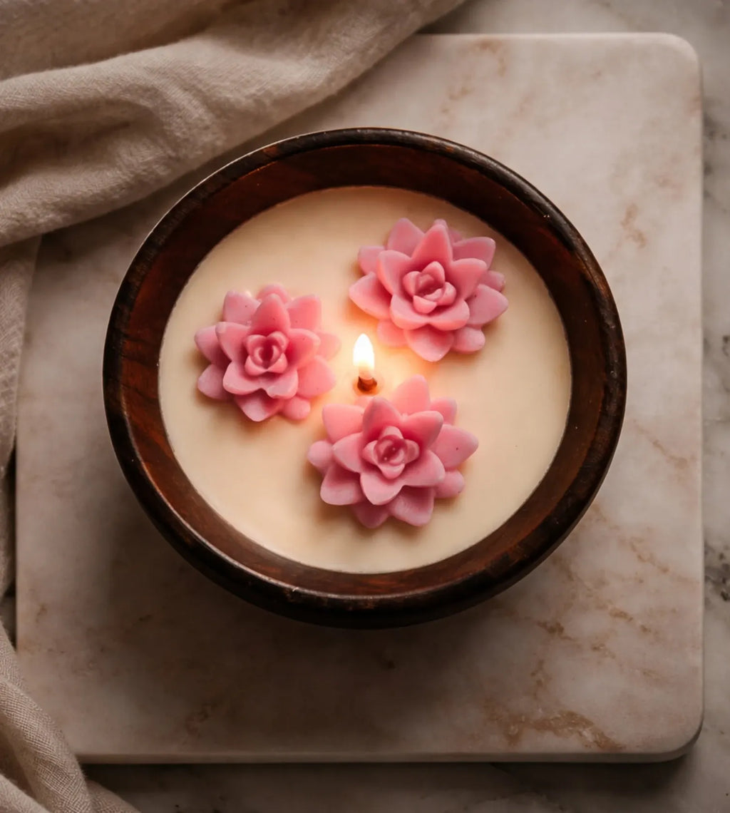 Wooden Bowl Floating Lotus Candle